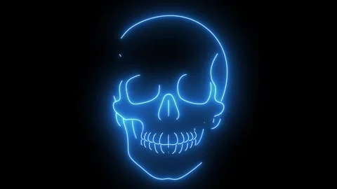 Human Skull Front View Neon Blue Glowing Line Art Animation Stock Footage 323992793