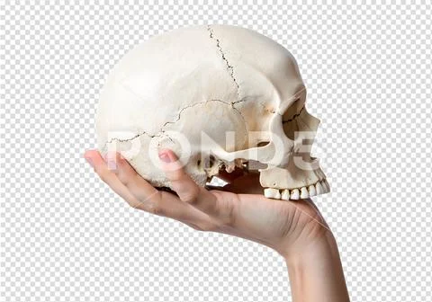 Human skull held in hand, anatomical study model PSD Template