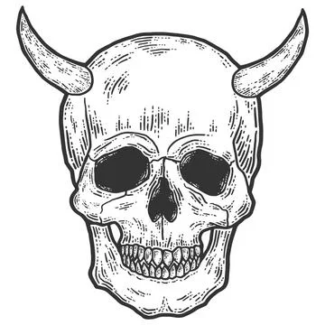 Human skull with horns. Engraving vector illustration. Sketch scratch Stock Illustration