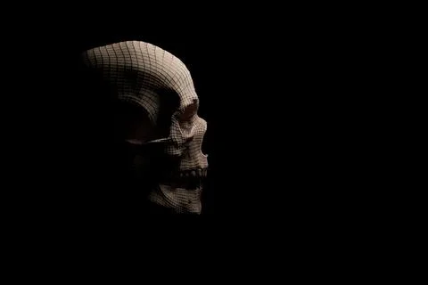 Human skull with metallic wireframe structure on surface against black backgr 스톡 일러스트