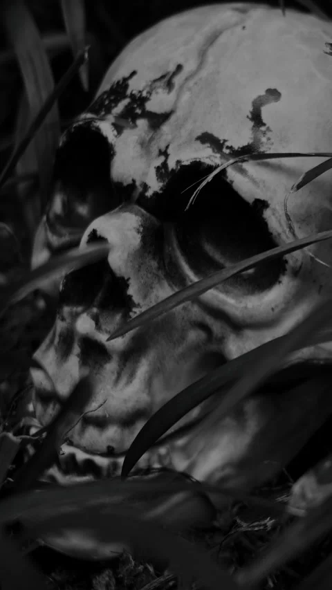 Human Skull Model Among Dry Leaves and Green Grass for Halloween Theme Stock Footage 346076621
