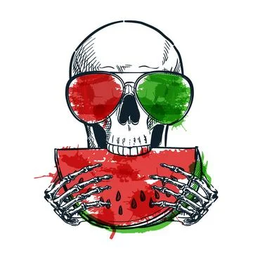 Human skull in multicolor sunglasses eats watermelon. Vector hand drawn water Stock Illustration