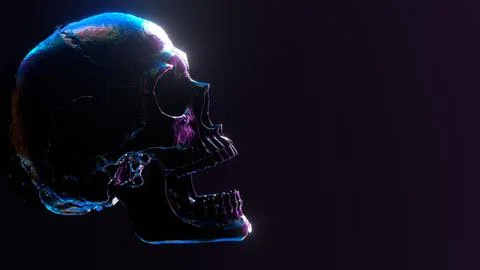 Human skull with multicolored lighting on black background.... 스톡 일러스트