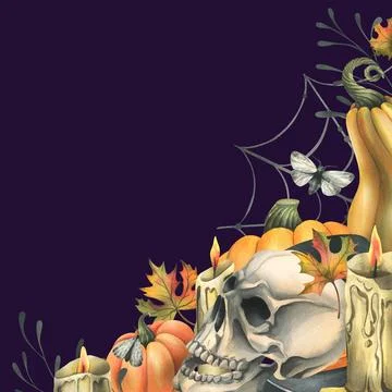 Human skull with orange pumpkins, candles, night moths, cobwebs and autumn Stock Illustration