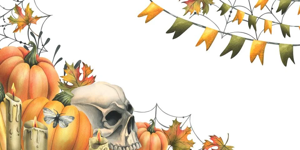 Human skull with orange pumpkins, candles, night moths, cobwebs and autumn Stock Illustration