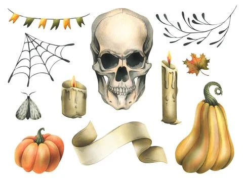 Human skull with orange pumpkins, cobweb, flags, candles and branches, moths Stock Illustration