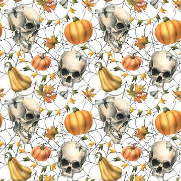 Human skull with orange pumpkins, cobwebs, garlands of flags and autumn leaves Stock Illustration