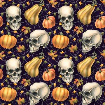 Human skull with orange pumpkins, cobwebs, garlands of flags and autumn leaves Illustration