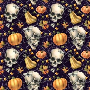 Human skull with orange pumpkins, cobwebs, garlands of flags and autumn leaves Ilustración de archivo