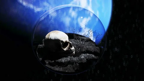 Human skull in outer space in glass sphere. Apocalypse ecology concept. 4k Video stock 132667061