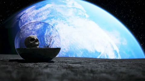 Human skull in outer space in glass sphere. Apocalypse ecology concept. 4k Video stock 132668987