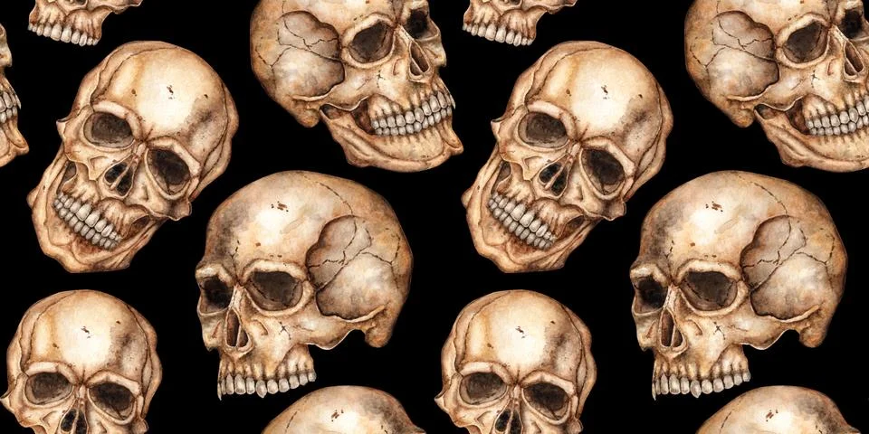 Human skull pattern on black background watercolor 스톡 일러스트