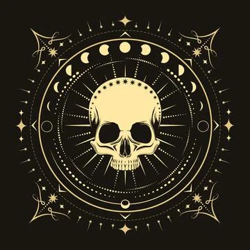 Human Skull with Phases of Moon Esoteric Illustration on Black Background Stock Illustration