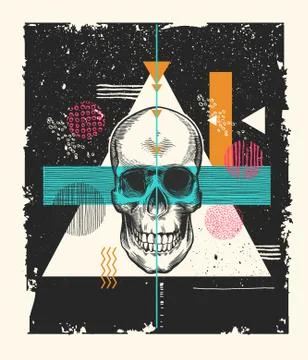 Human skull print drawn in etching style Stock Illustration