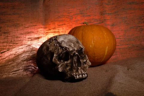 Human Skull with red light on brown textile background , Halloween decoration Stock Photos