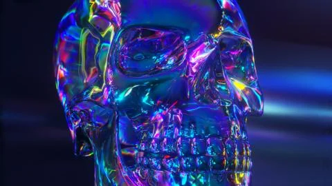 Human skull reflective background environment. Colorful iridescent neon spect Illustrazione stock