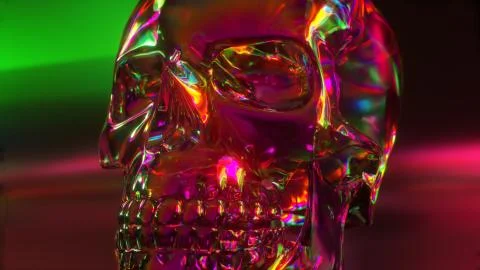 Human skull reflective background environment. Colorful iridescent neon spect Illustrazione stock
