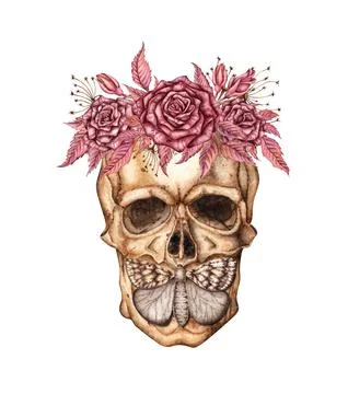 Human skull roses grass and butterfly wreath watercolor Illustrazione stock