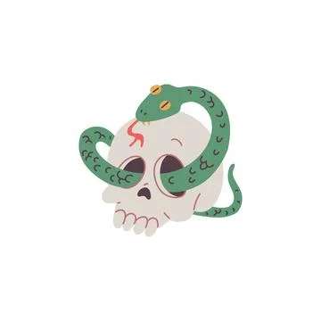 Human skull with snake, vector cartoon scull with venomous serpent icon Illustrazione stock