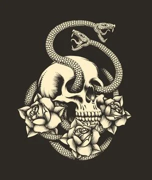 Human Skull with Snakes and Rose Flowers Engraving Tattoo Illustrazione stock