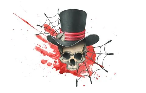 Human skull in a top hat with a moth, bloodstain and cobwebs for the holiday of Illustrazione stock