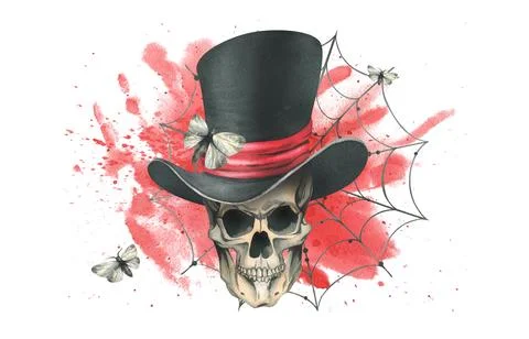 Human skull in a top hat with a moth, bloodstain and cobwebs for the holiday of Illustrazione stock
