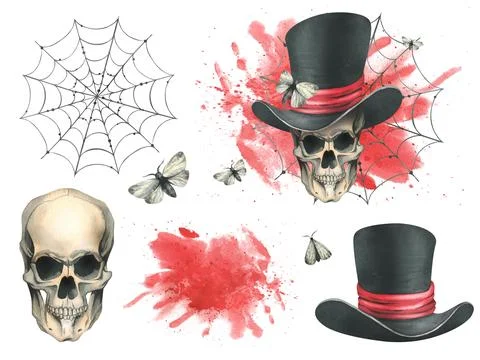 Human skull in a top hat with a moth, bloodstain and cobwebs for the holiday of Illustrazione stock