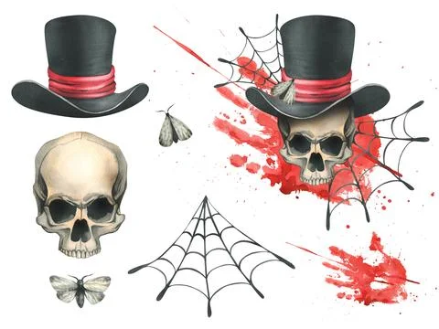Human skull in a top hat with a moth, bloodstain and cobwebs for the holiday of Illustrazione stock