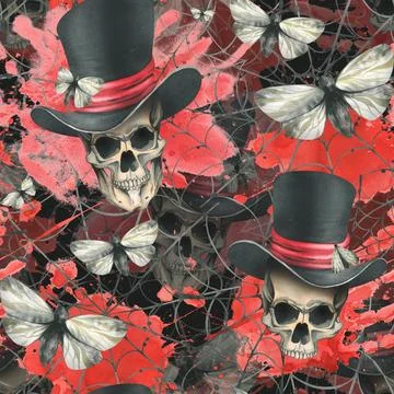 Human skull in a top hat with a moth, bloodstain and cobwebs for the holiday of Illustrazione stock