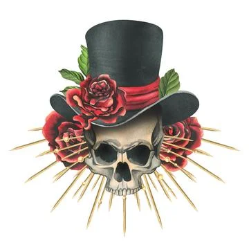 Human skull in a top hat with red roses, a golden crown with rays. Hand drawn Stock Illustration