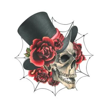 Human skull in a top hat with red roses and cobwebs. Hand drawn watercolor Stock Illustration