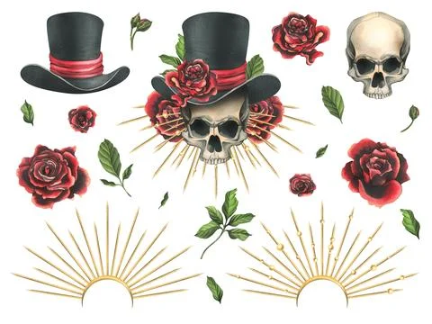 Human skull in a top hat with red roses, a golden crown with rays. Hand drawn Stock Illustration