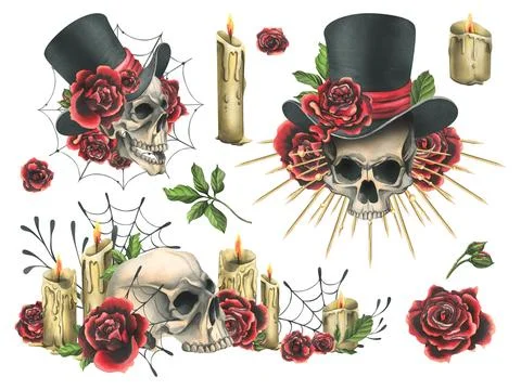 Human skull in a top hat with red roses, a golden crown with rays, candles. Hand Stock Illustration
