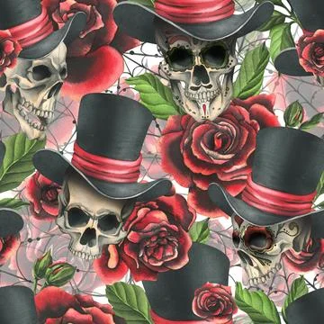 Human skull in a top hat with red roses and cobwebs. Hand drawn watercolor Stock Illustration