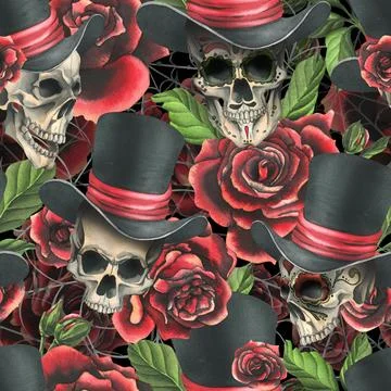 Human skull in a top hat with red roses and cobwebs. Hand drawn watercolor Stock Illustration