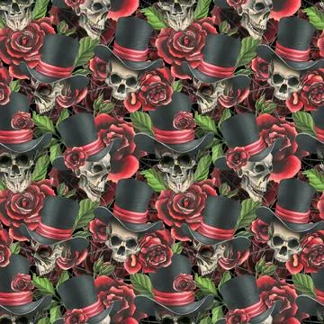 Human skull in a top hat with red roses and cobwebs. Hand drawn watercolor Stock Illustration