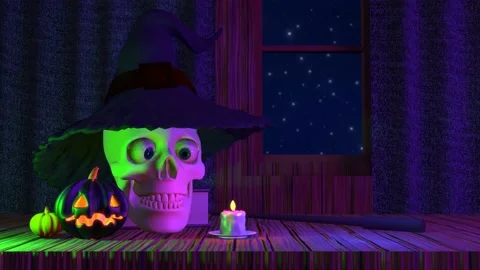 A human skull in the witch hat 3D 4K loop animation with copy space Stock Footage 213324221
