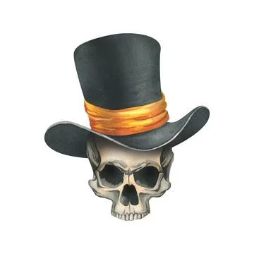 A human skull without a lower jaw in a black top hat with a orange ribbon. Hand Stock Illustration