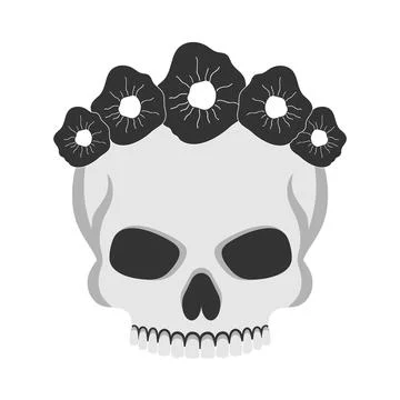 Human skull without a lower jaw in flower wreath on white background Illustrazione stock