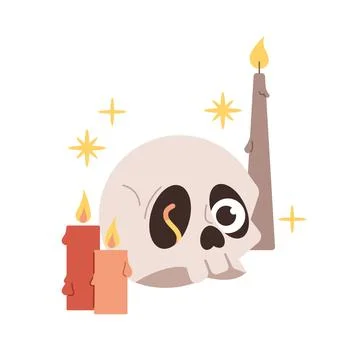 Human skull with a worm inside and candles Stock Illustration