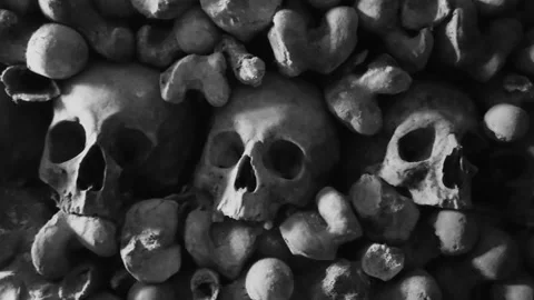 Human Skulls and Bones arranged in rows in Catacombs Video stock 309400241