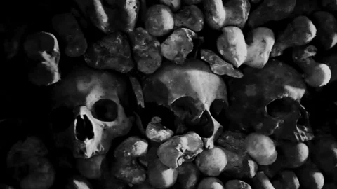 Human Skulls and Bones arranged in rows in Catacombs Video stock 309400274