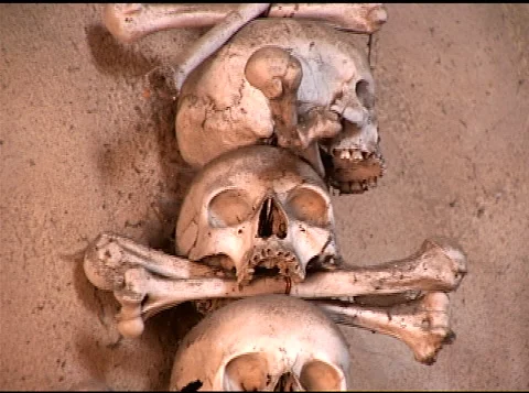 Human skulls and bones used for wall decoration in ossuary chapel, Sedlec, 2002 Stock Footage 164329856