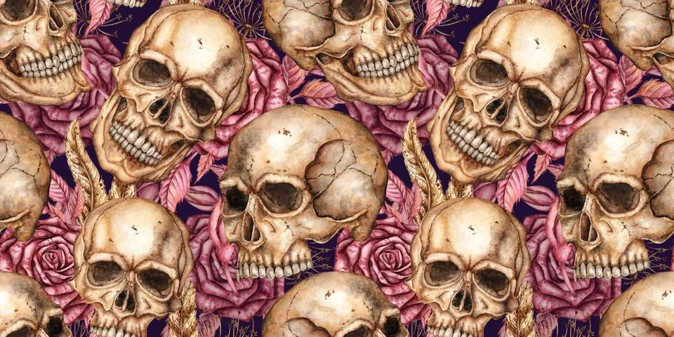 Human skulls and roses pattern on blue background watercolor Stock Illustration