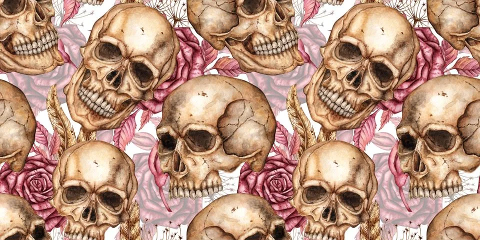 Human skulls and roses pattern watercolor Stock Illustration