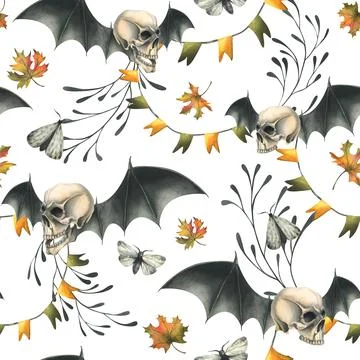 Human skulls with bat wings, branches, moths, garlands of flags and autumn 스톡 일러스트