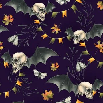 Human skulls with bat wings, branches, moths, garlands of flags and autumn Illustrazione stock