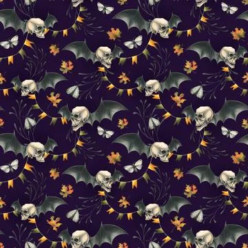 Human skulls with bat wings, branches, moths, garlands of flags and autumn 스톡 일러스트