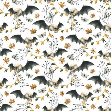 Human skulls with bat wings, branches, moths, garlands of flags and autumn 스톡 일러스트