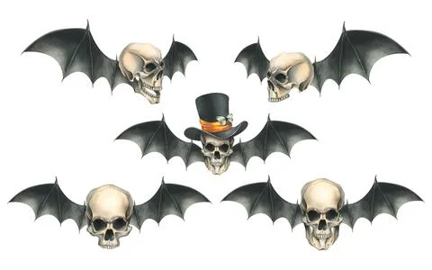 Human skulls in black top hat with orange satin ribbon with black bat wings for Illustrazione stock